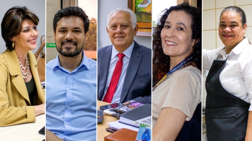 A collage of five individuals, each in a professional setting, showcasing diverse occupations and expressions.