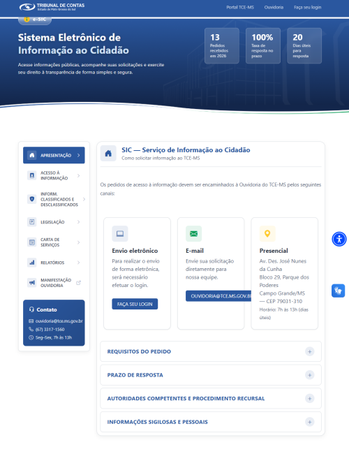 TCE-MS moderniza página do e-SIC, reforçando transparência e o acesso à informação Ao navegar pela nova página, o usuário encontra, no canto esquerdo da tela, uma estrutura de menus estratégicos projetada para agilizar a busca. Entre os recursos disponíveis estão: