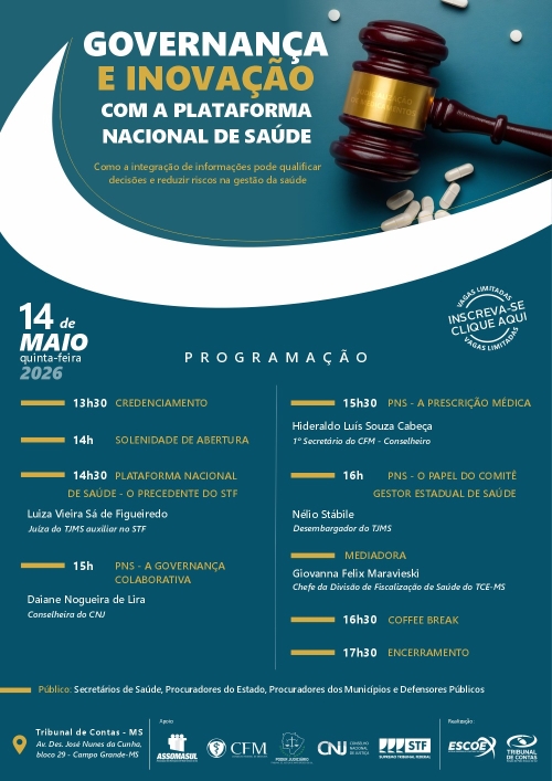 Event poster for a conference on governance and innovation in health, featuring a schedule for May 14, 2026, with various speakers and topics.
